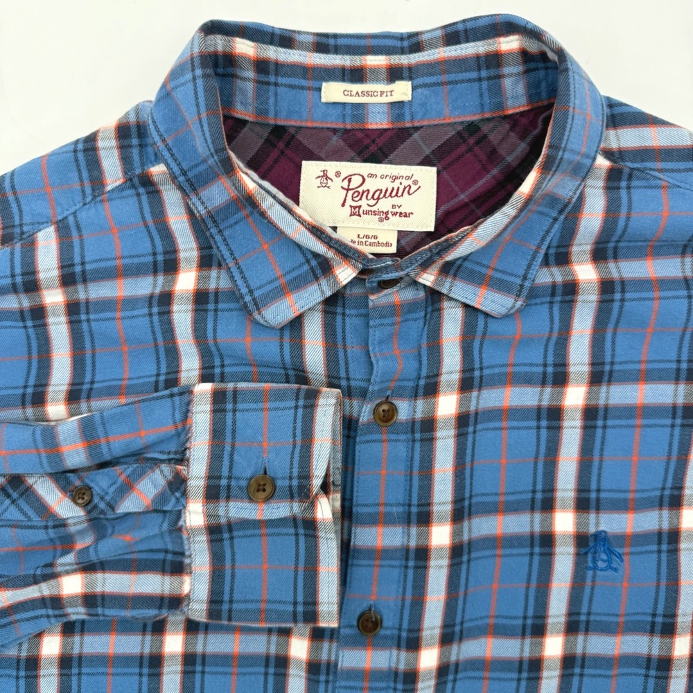 Original Penguin Button Down Mens Large Blue Plaid Classic Fit Long Sleeve Logo